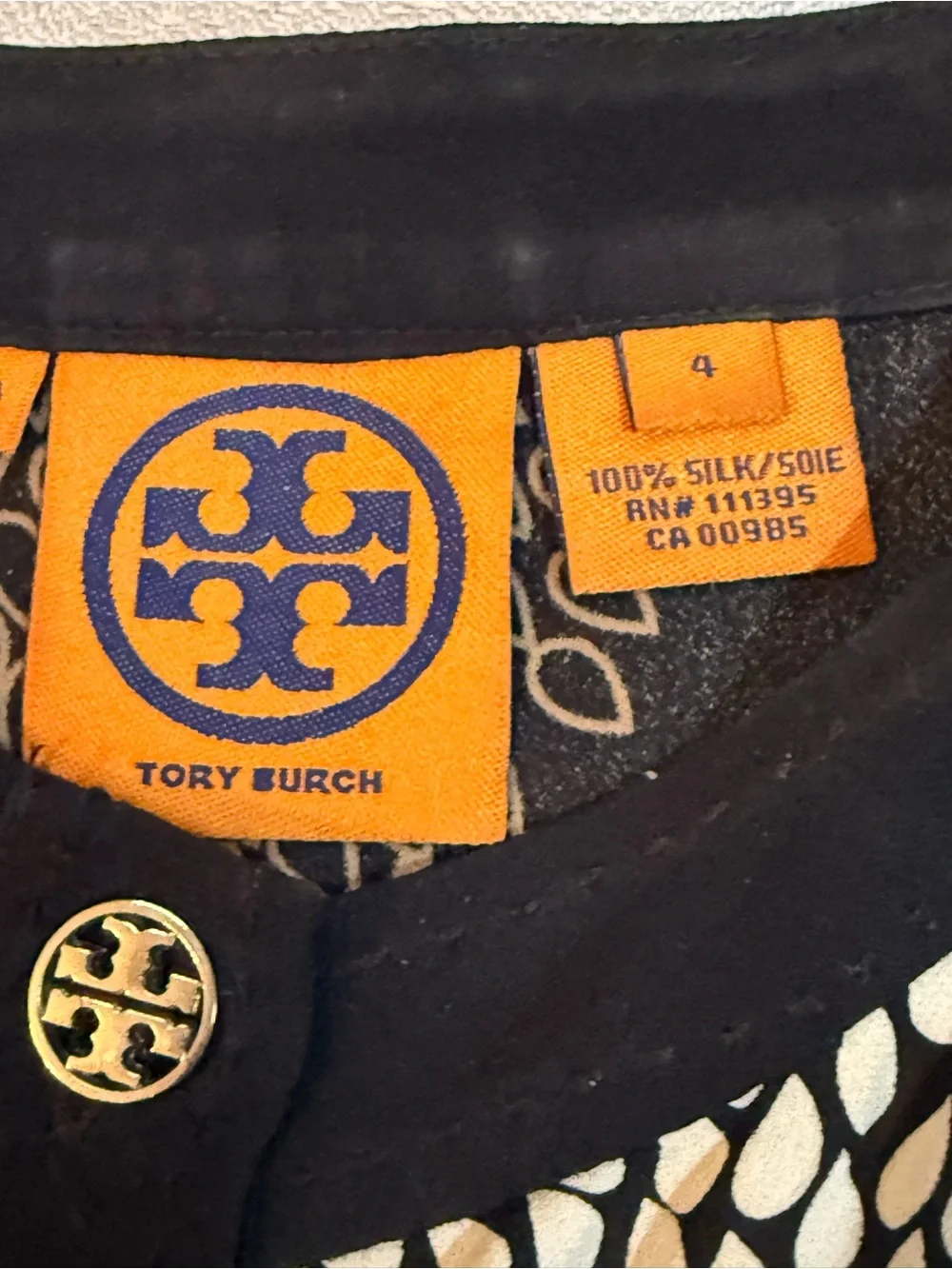 Tory Burch Black Long-Sleeve Henley Top with Taupe & Ivory Floral Medallions